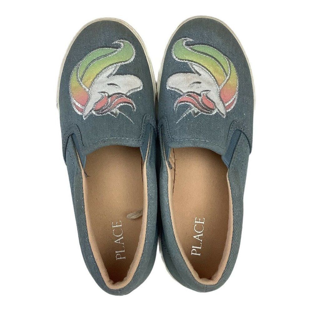 Girls Blue Denim Slip On Sneaker Shoes Unicorn Glitter Size 4 Flat Whimsical